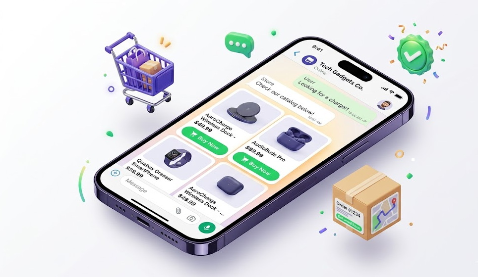Customer browsing a WhatsApp store catalog on a smartphone, with product cards and a chat-to-buy button.