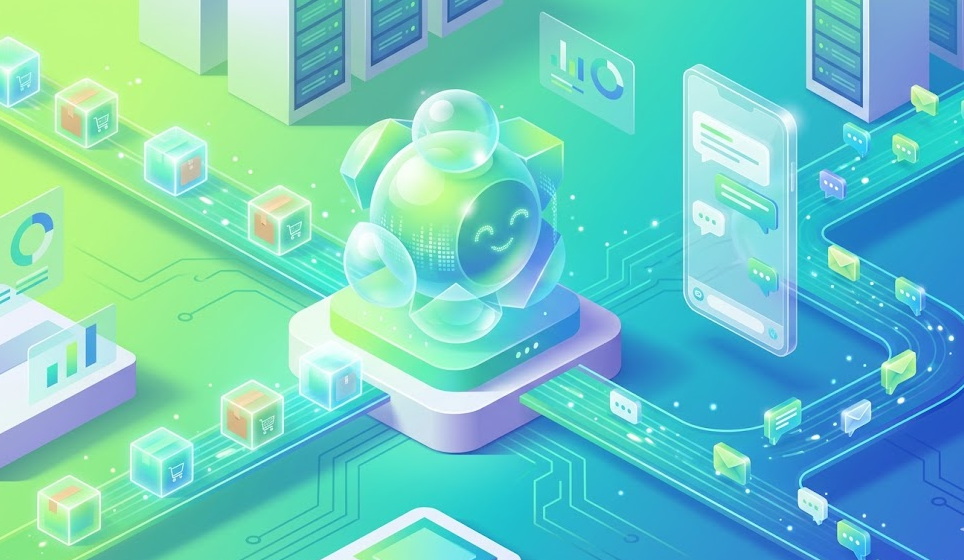 Isometric illustration of the ETapri commerce flow: storefront, WhatsApp chat, secure payment, and shipping connected end-to-end.